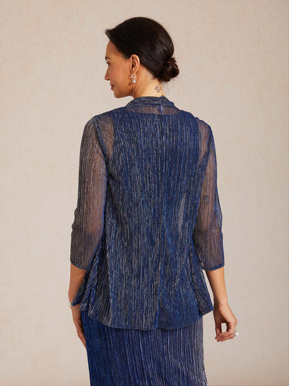 Metallic Pleated Chiffon Long Jacket with Layered Design