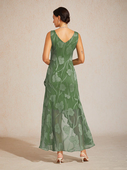Floral Chiffon Sleeveless Evening Gown with Asymmetrical Hem