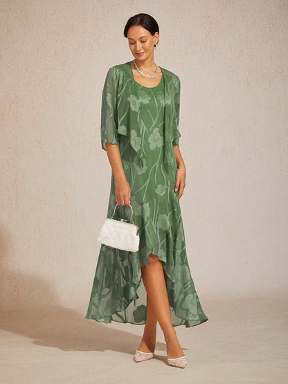Floral Chiffon Sleeveless Evening Gown with Asymmetrical Hem