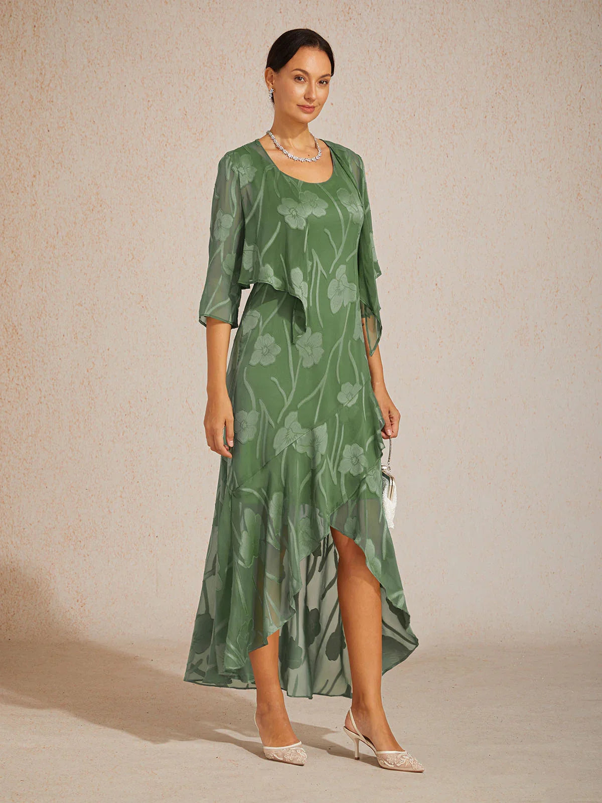 Floral Chiffon Sleeveless Evening Gown with Asymmetrical Hem