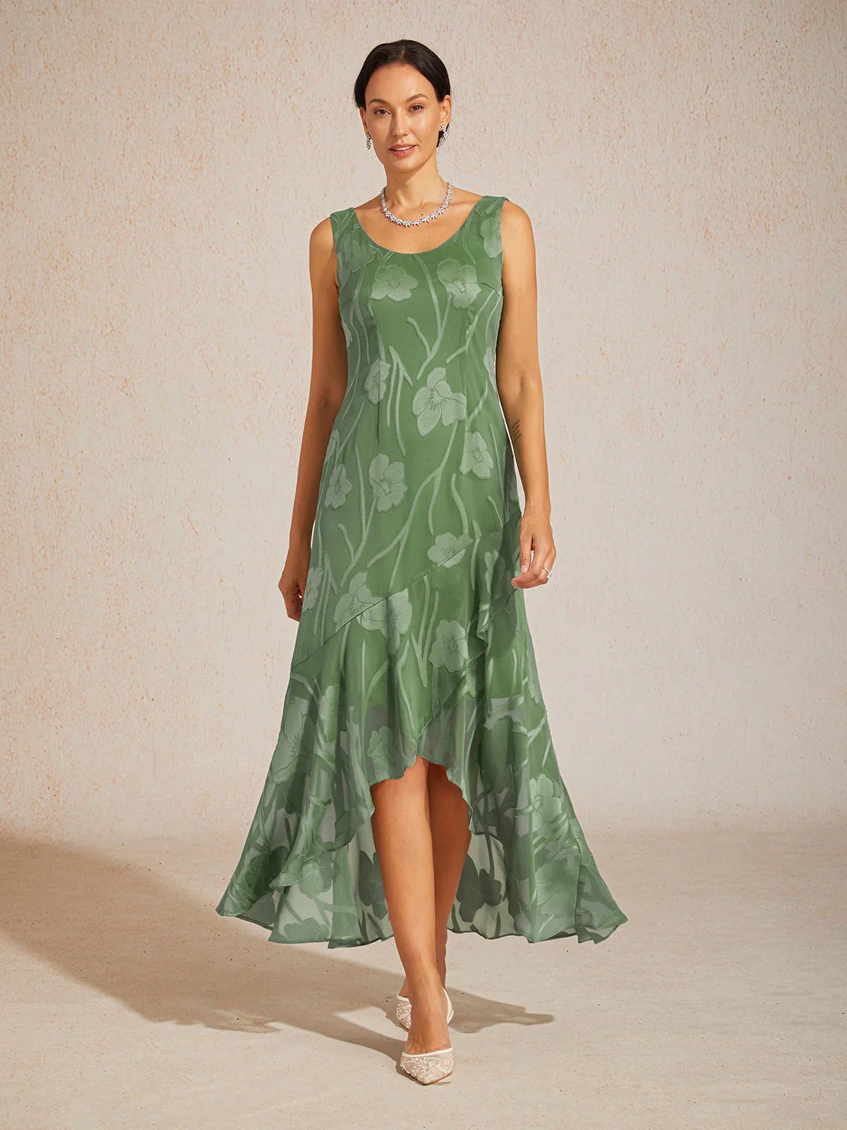Floral Chiffon Evening Gown High Low Navy Blue Wedding Guest Party Asymmetrical Hem Maxi Dress Lose Ruffle Sleeveless, Shale Green / L