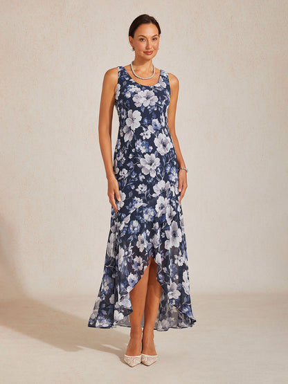 Sleeveless Floral Chiffon High Low Dress