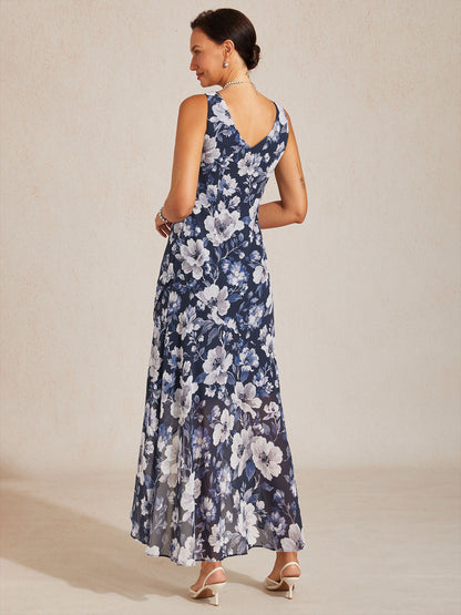 Sleeveless Floral Chiffon High Low Dress