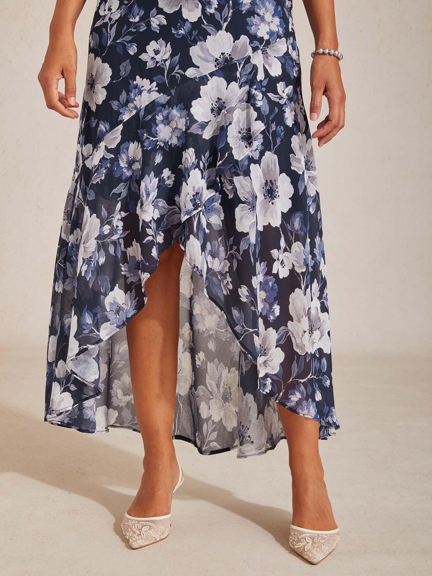 navy blue floral high low dress Navy Blue Floral Print High-Low Wrap Dress | Womens | Medium (Available in L) | 100% Polyester