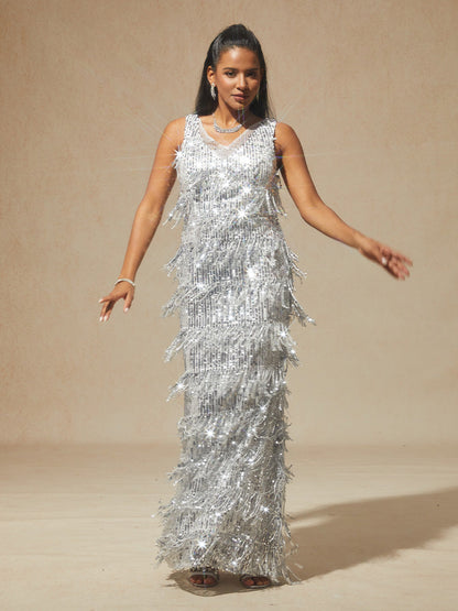 Silver Sequin Fringe Maxi Dress for Party