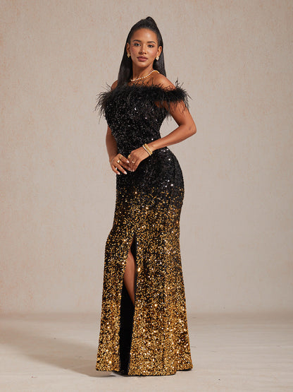Black Gold Ombre Sequin Velvet Gown with Feather Trim