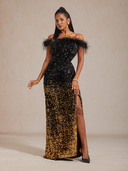 Black Gold Ombre Sequin Velvet Gown with Feather Trim