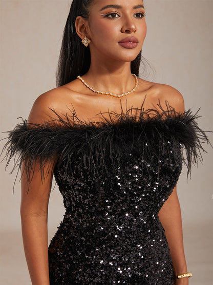 Black Gold Ombre Sequin Velvet Gown with Feather Trim