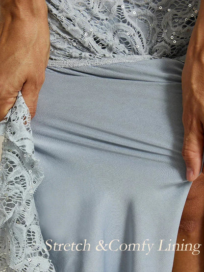 Lace Sequin Maxi Dress with Ruffle Detail