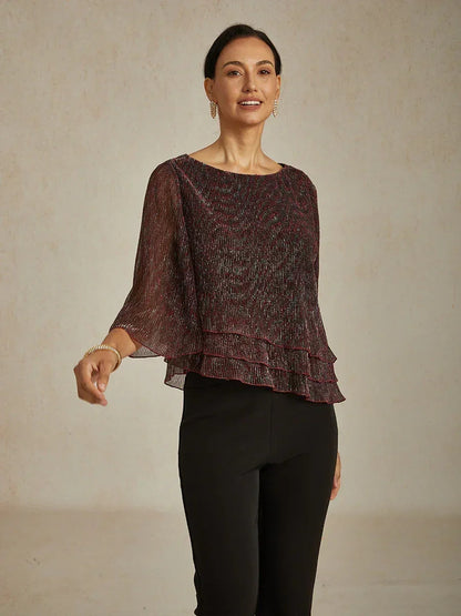 Metallic Pleated Chiffon Asymmetrical Layered Blouse