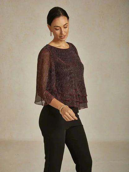 Metallic Pleated Chiffon Asymmetrical Layered Blouse