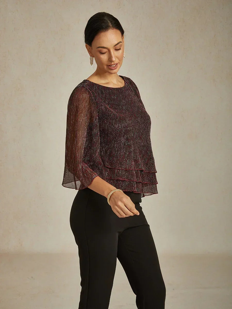 Metallic Pleated Chiffon Asymmetrical Layered Blouse