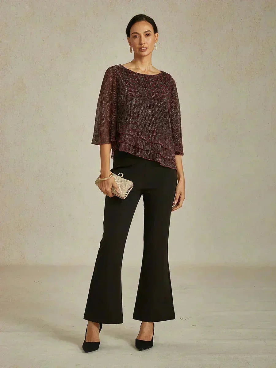Metallic Pleated Chiffon Asymmetrical Layered Blouse