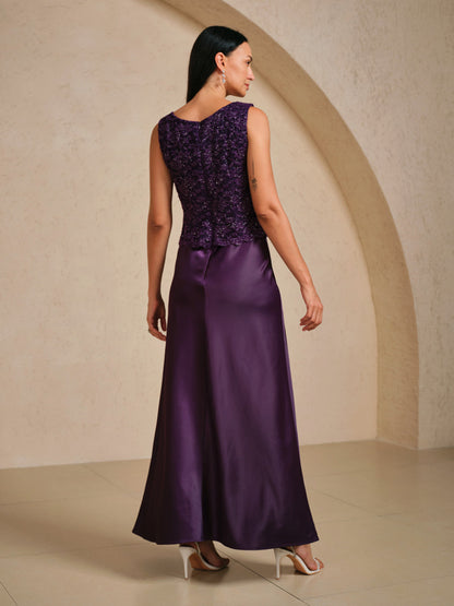 Sleeveless Glitter Lace Satin A-Line Dress with Silver Glitter