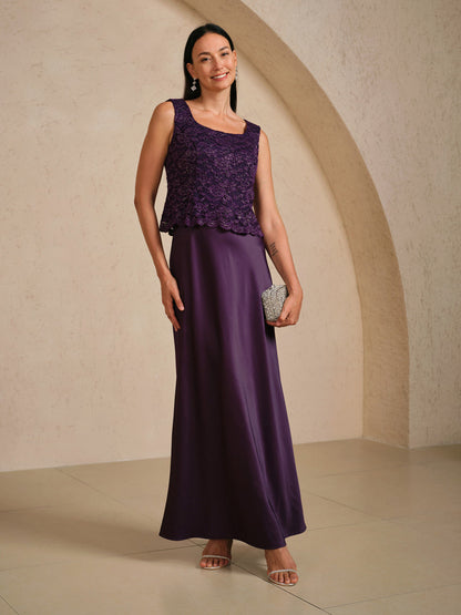 Sleeveless Glitter Lace Satin A-Line Dress with Silver Glitter