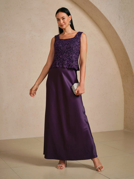 Sleeveless Glitter Lace Satin A-Line Dress with Silver Glitter