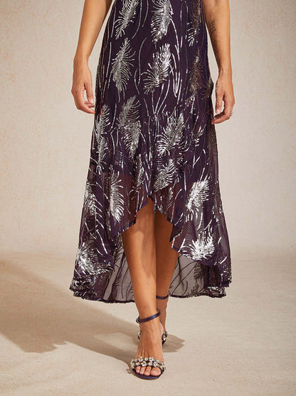 Sleeveless A-Line Maxi Dress with Mesh Sequin