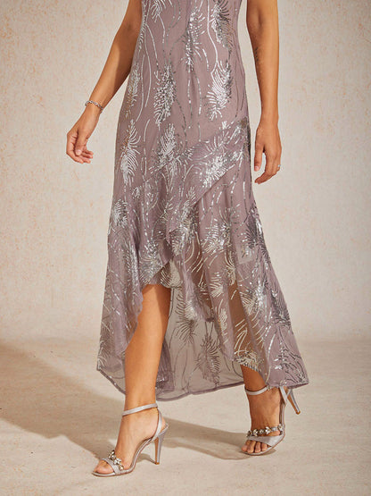 Sleeveless A-Line Maxi Dress with Mesh Sequin