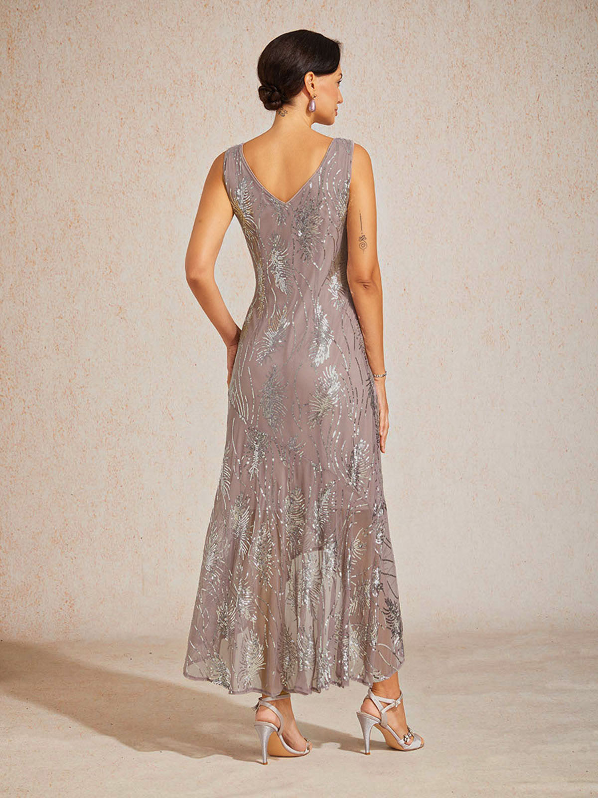 Sleeveless A-Line Maxi Dress with Mesh Sequin