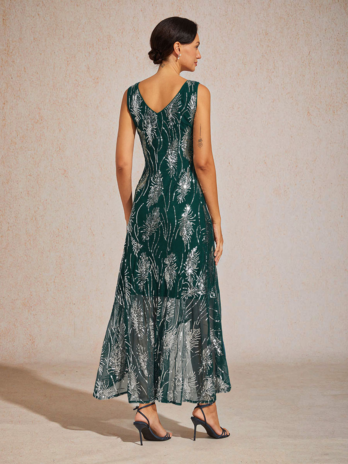 Sleeveless A-Line Maxi Dress with Mesh Sequin