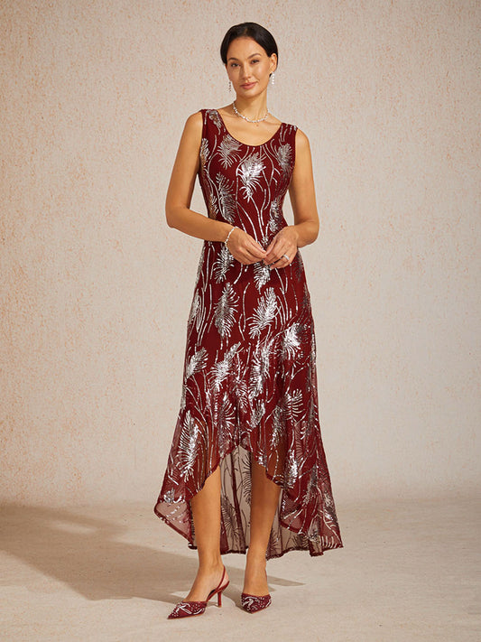Sleeveless A-Line Maxi Dress with Mesh Sequin