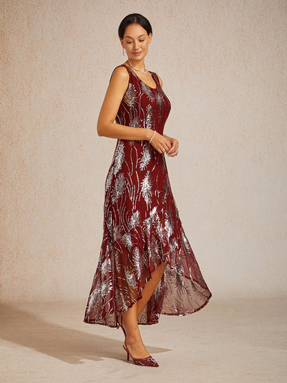 Sleeveless A-Line Maxi Dress with Mesh Sequin