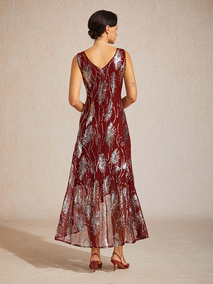 Sleeveless A-Line Maxi Dress with Mesh Sequin