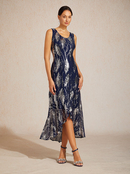 Sleeveless A-Line Maxi Dress with Mesh Sequin