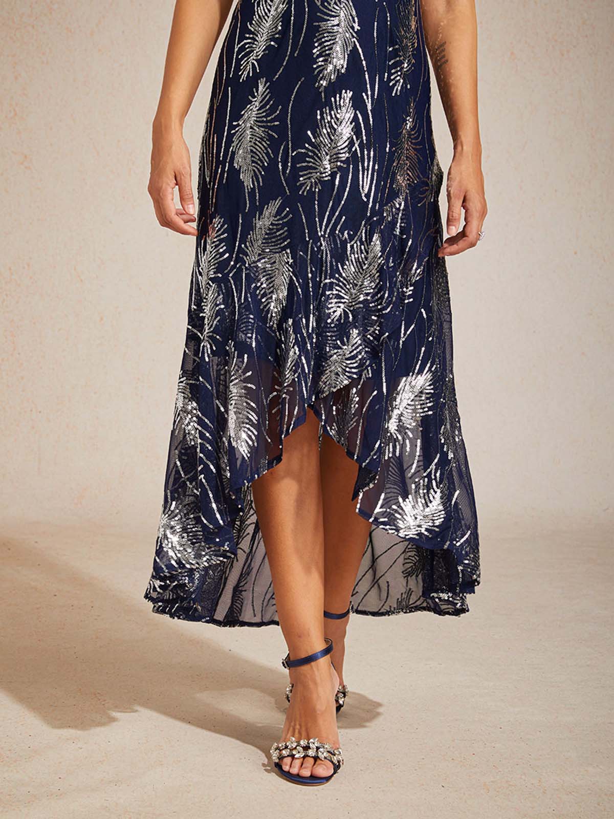 Sleeveless A-Line Maxi Dress with Mesh Sequin