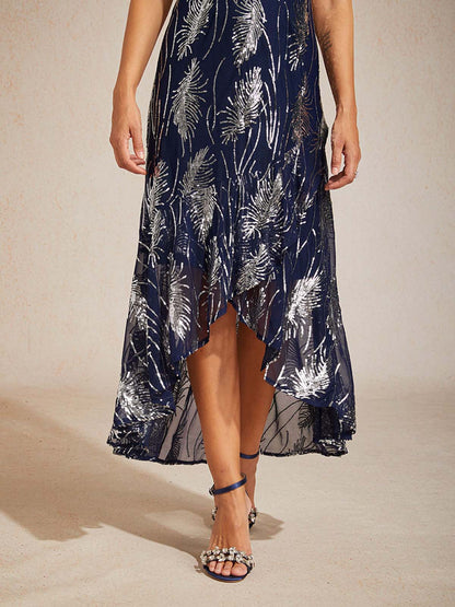 Sleeveless A-Line Maxi Dress with Mesh Sequin