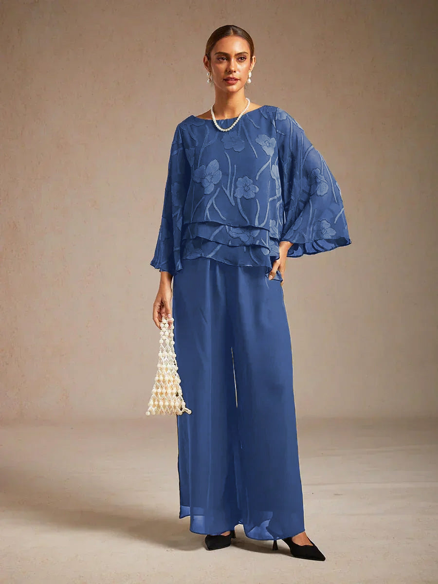 Chiffon Layered Blouse Straight Leg Pant Suits