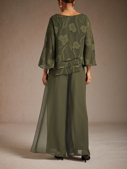 Pantaloni a gamba dritta con sovrapposizione in chiffon e spacco laterale