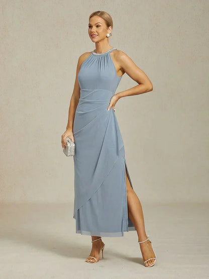 Elegant Beaded Halter Maxi Dress with Ruffle Detail