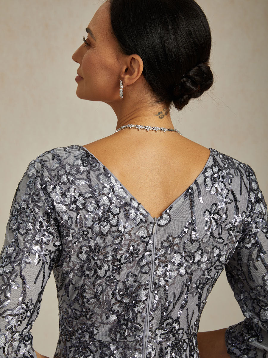 V-Neck Sequin Embroidered Lace Maxi Dress