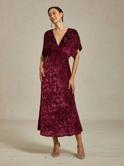 V-Neck Velvet Floral Maxi Dress