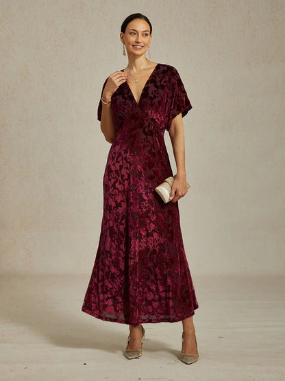 V-Neck Velvet Floral Maxi Dress
