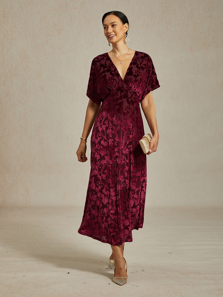 V-Neck Velvet Floral Maxi Dress