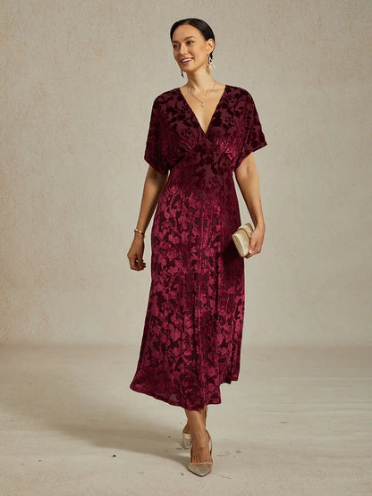 V-Neck Velvet Floral Maxi Dress