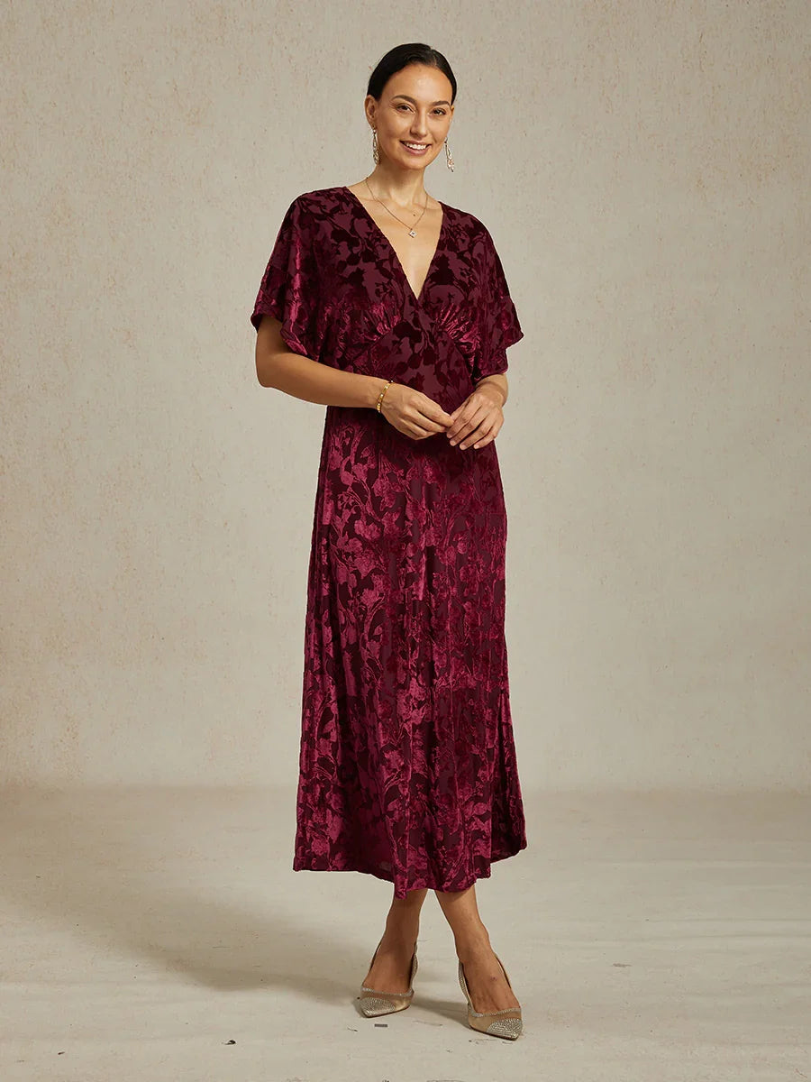 V-Neck Velvet Floral Maxi Dress