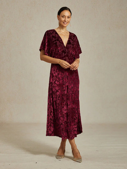 V-Neck Velvet Floral Maxi Dress
