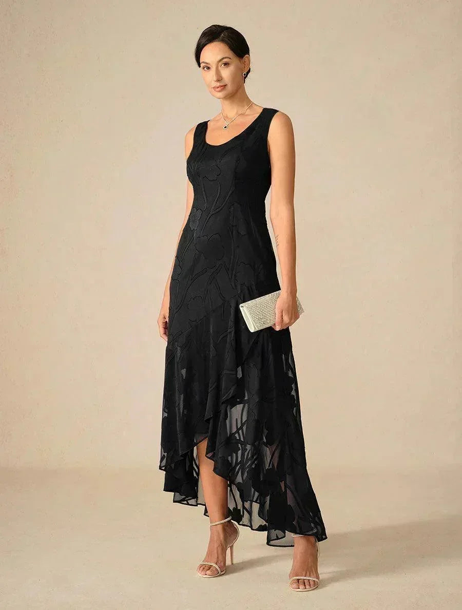 Navy Floral Chiffon Evening Gown Sleeveless A-Line Dress with Asymmetrical Hem for Weddings Formal Events msglamor Navy Floral Chiffon Evening Gown Sleeveless A-Line Dress with Asymmetrical Hem for Weddings Formal Events msglamor