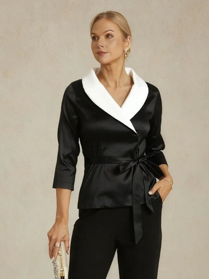 3/4 Sleeve Stretch Taffeta Blouse with Tie Waist Detail