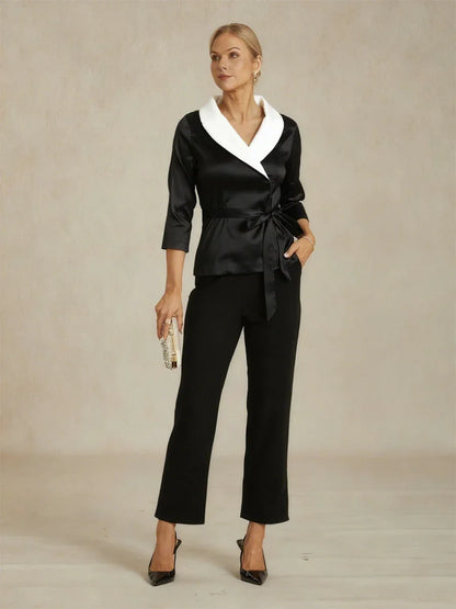 3/4 Sleeve Stretch Taffeta Blouse with Tie Waist Detail