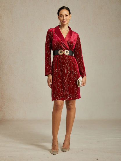 Velvet Blazer Dress with Satin Lapel and Belt