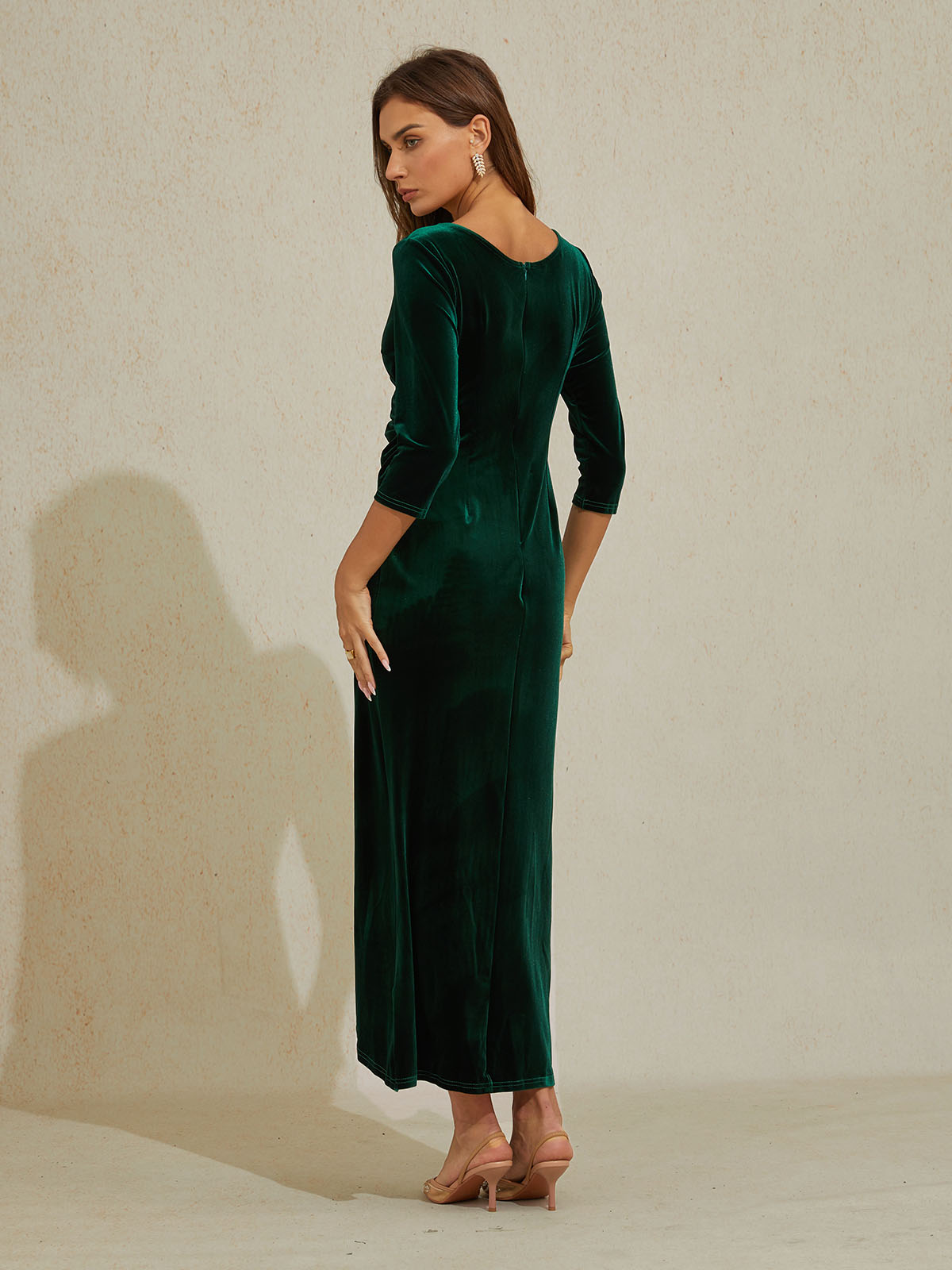 Long Stretch Velvet Evening Dress with 3/4 Sleeves