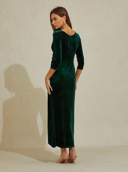 Long Stretch Velvet Evening Dress with 3/4 Sleeves