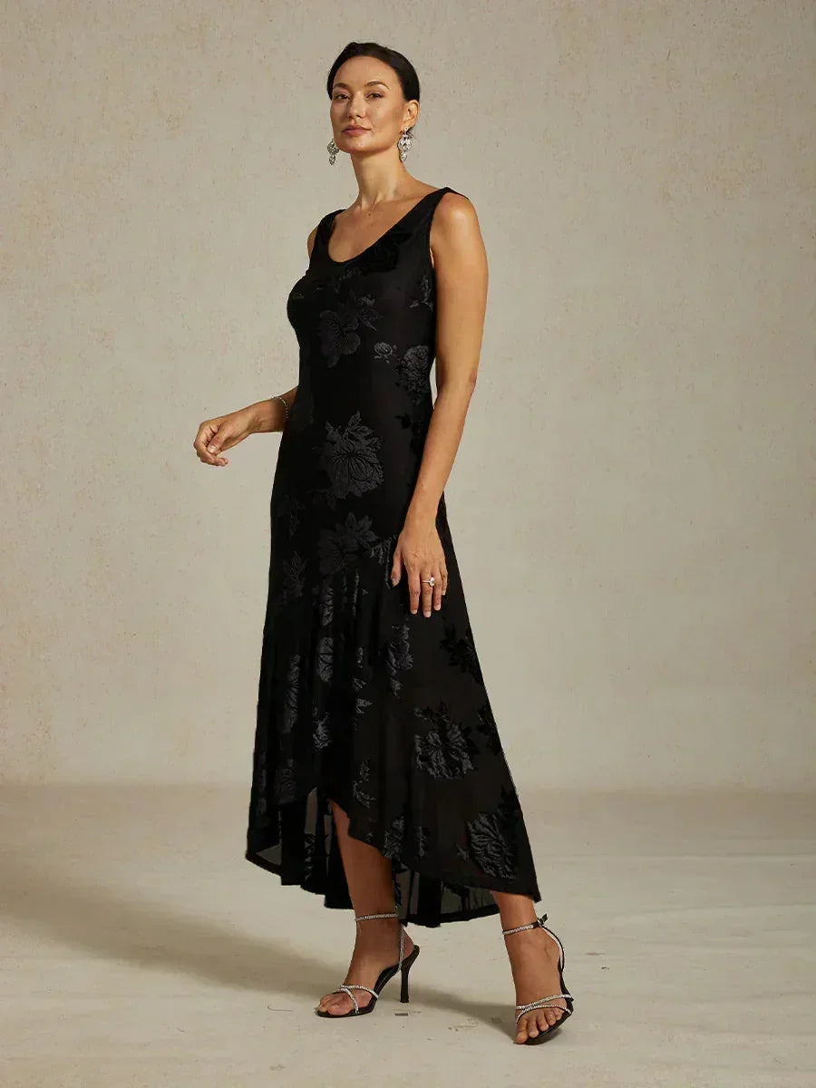 Navy Floral Chiffon Evening Gown with Asymmetrical Hem