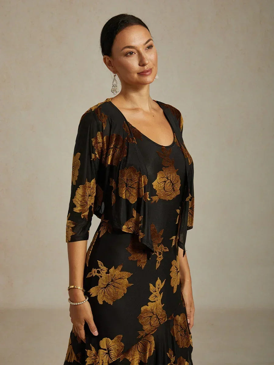 Floral Stretch Velvet 3/4 Sleeve Shrug