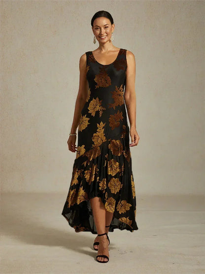 Velvet Floral Evening Gown with Asymmetrical Hem