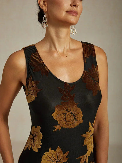 Velvet Floral Evening Gown with Asymmetrical Hem